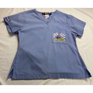 NASCAR Women's Blue Scrub Top Short Sleeve V Neck Rose Pocket Logo Size S